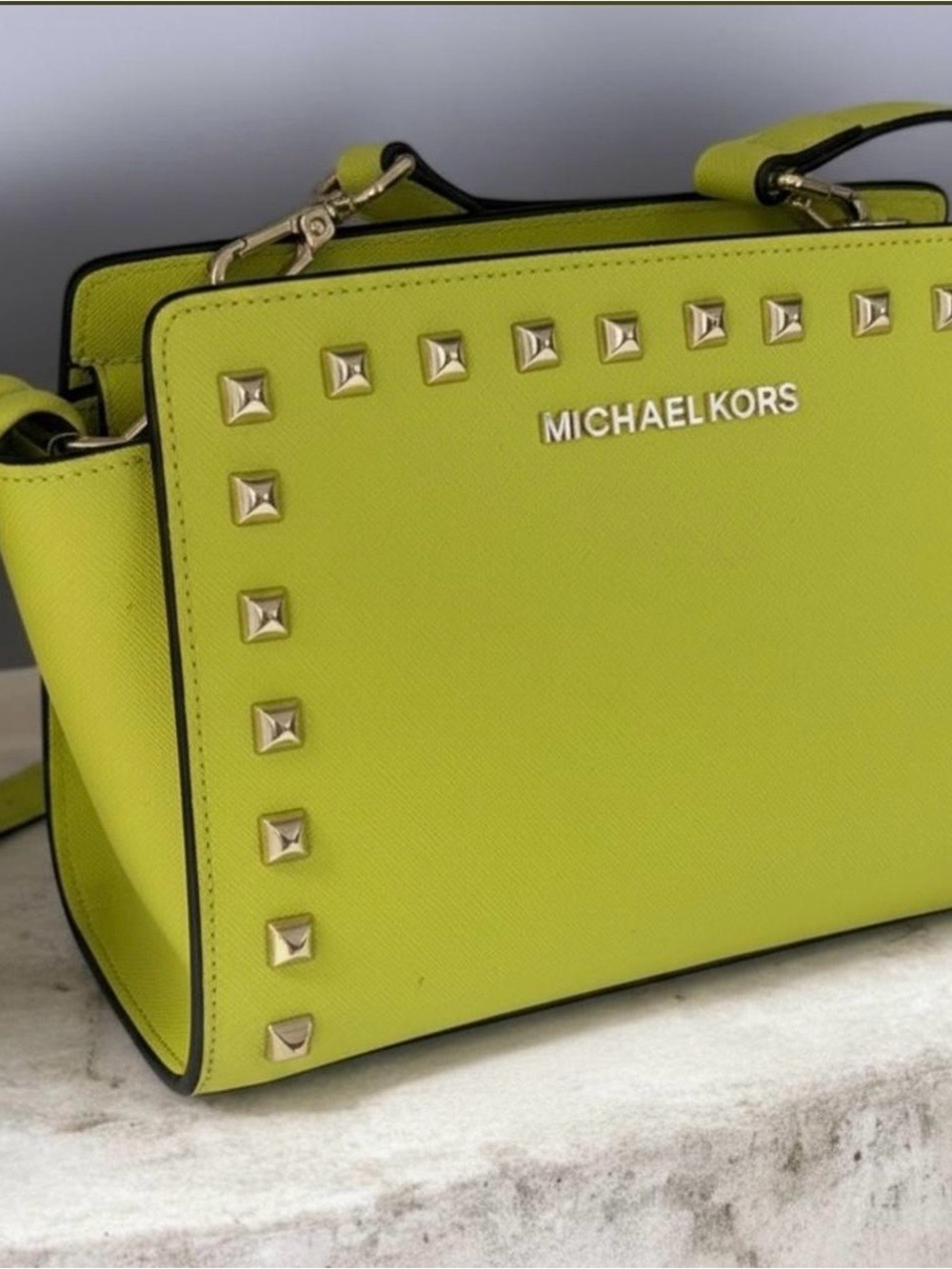 Michael Kors Lime Green Studded Saffiano Satchel